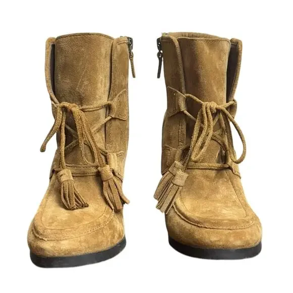 Women’s Franco Sarto Camel Brown Leather Wedge Bootie Heel Boots - Size 7.5 - Picture 2 of 5